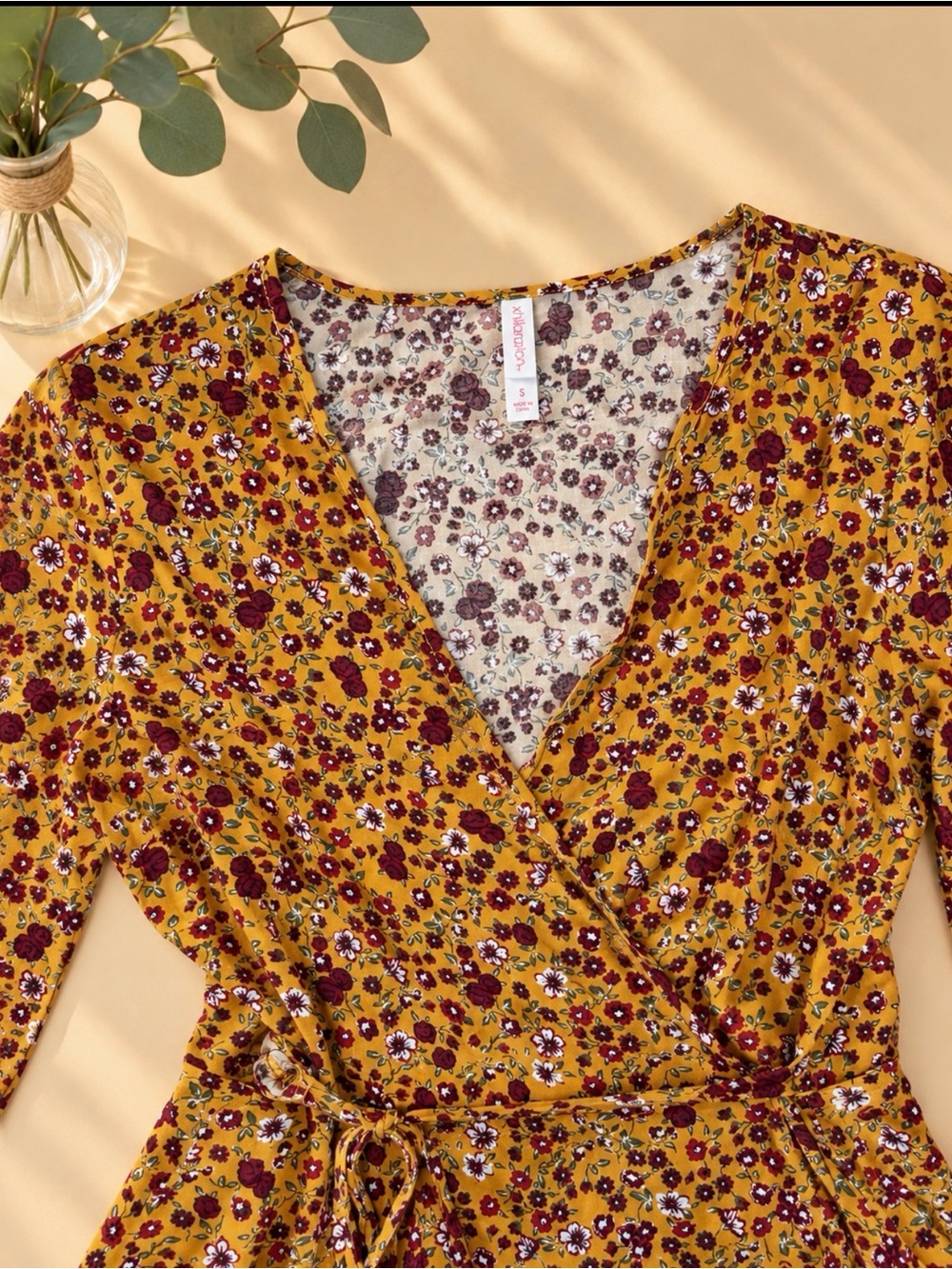 Mustard Floral Wrap Dress with Tie Waist - Picture 2 of 2